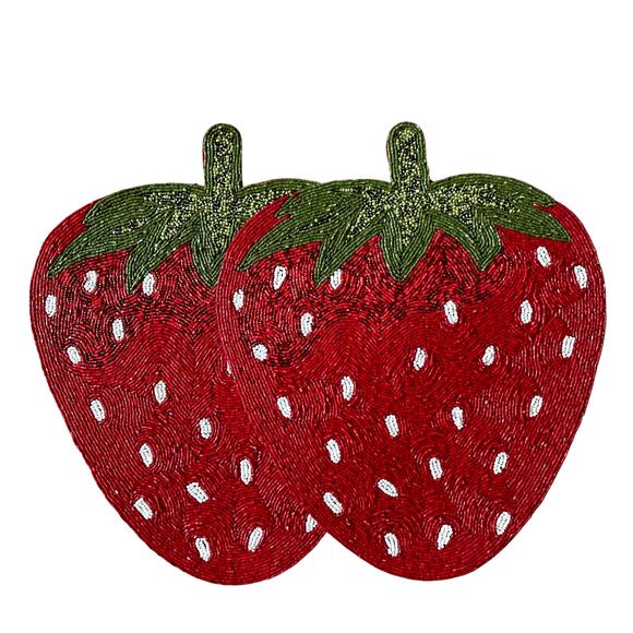 Hand Beaded Strawberry Placemat Charger 15" Summer Fruit Set of 2 NEW - Picture 1 of 10